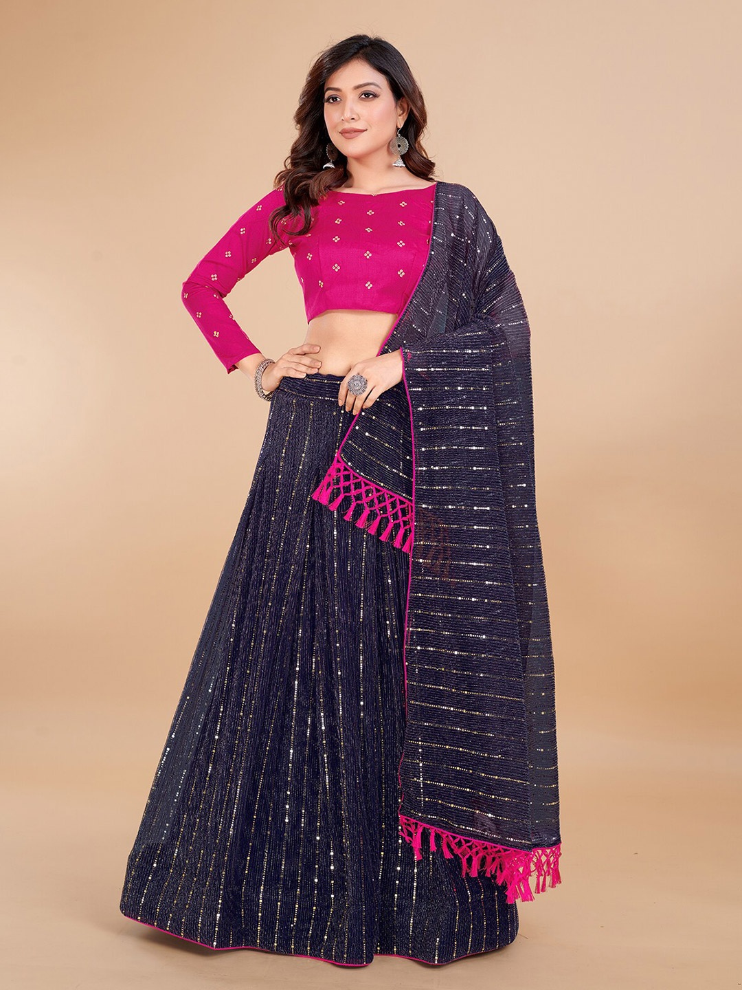 

KALINI Sequinned Embellished Semi-Stitched Lehenga & Unstitched Blouse With Dupatta, Navy blue