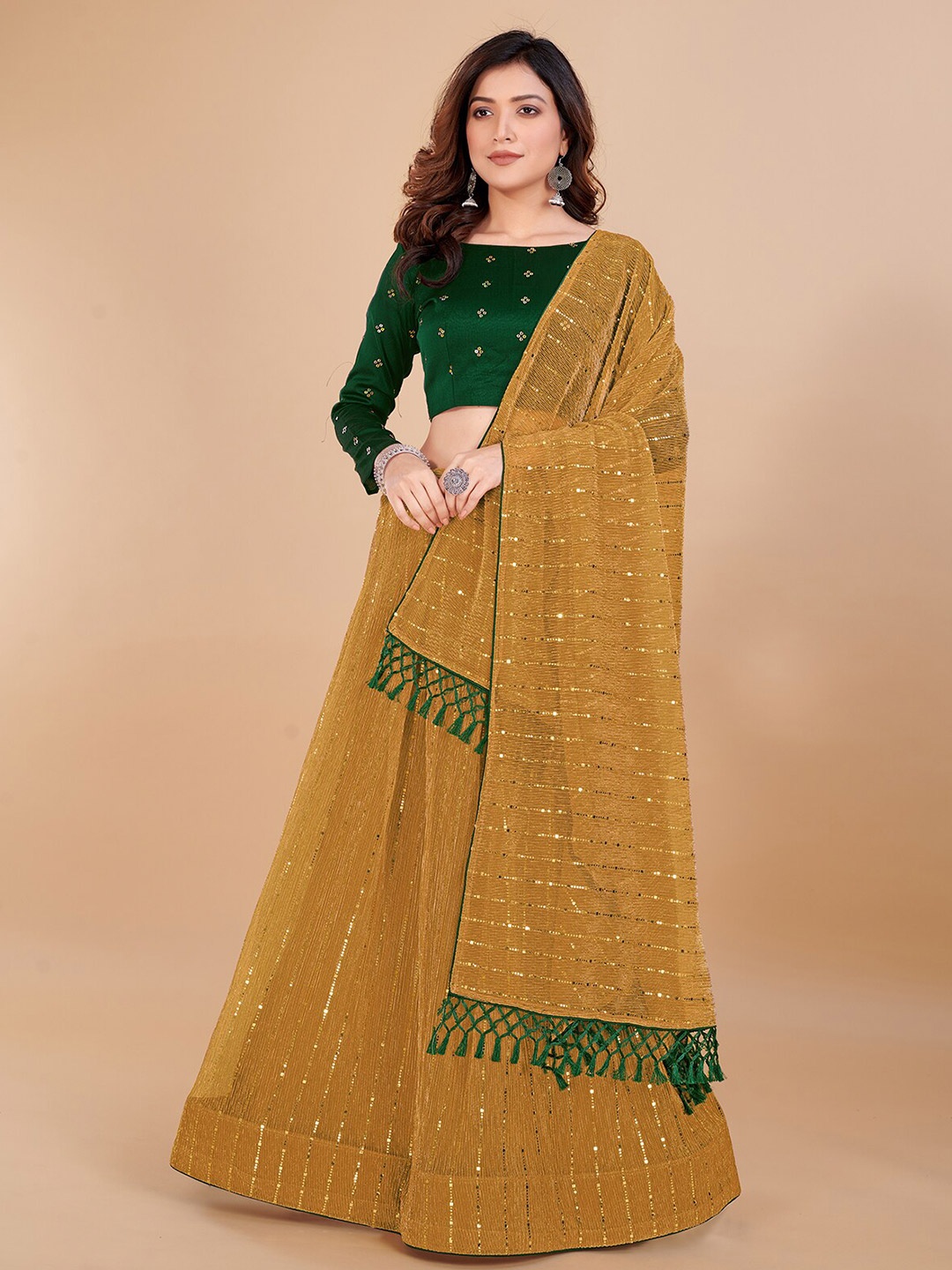 

KALINI Sequinned Embellished Semi-Stitched Lehenga & Unstitched Blouse With Dupatta, Yellow