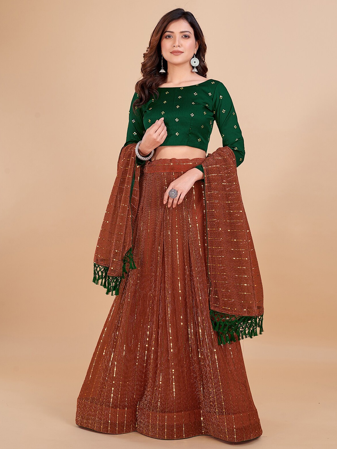 

KALINI Embroidered Sequinned Semi-Stitched Lehenga Choli With Dupatta, Tan