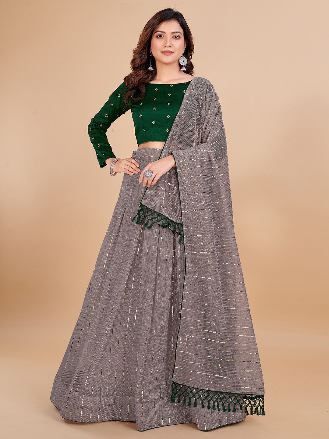 

KALINI Embroidered Sequinned Semi-Stitched Lehenga Choli With Dupatta, Grey