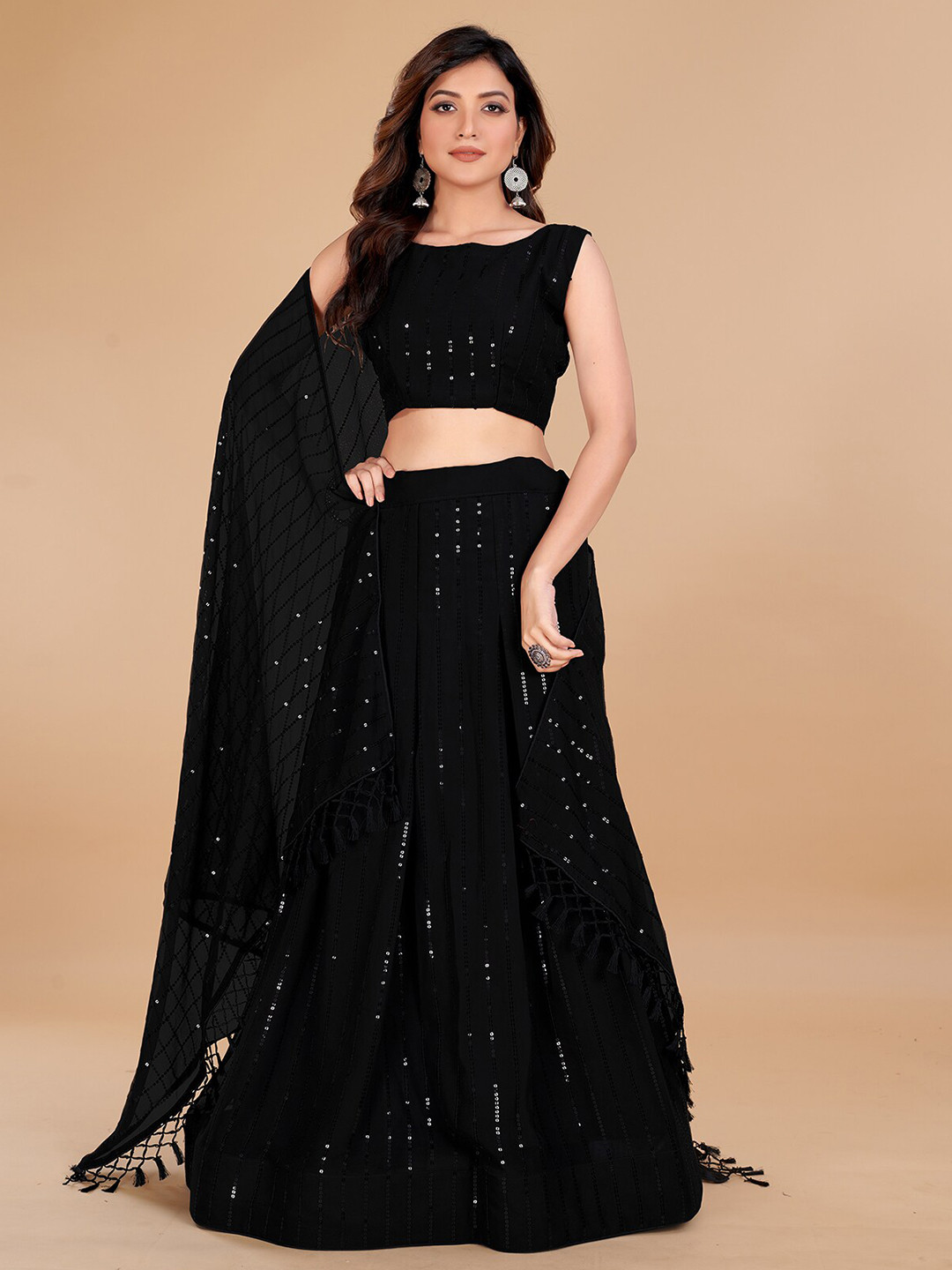 

KALINI Sequinned Embellished Semi-Stitched Lehenga & Unstitched Blouse With Dupatta, Black