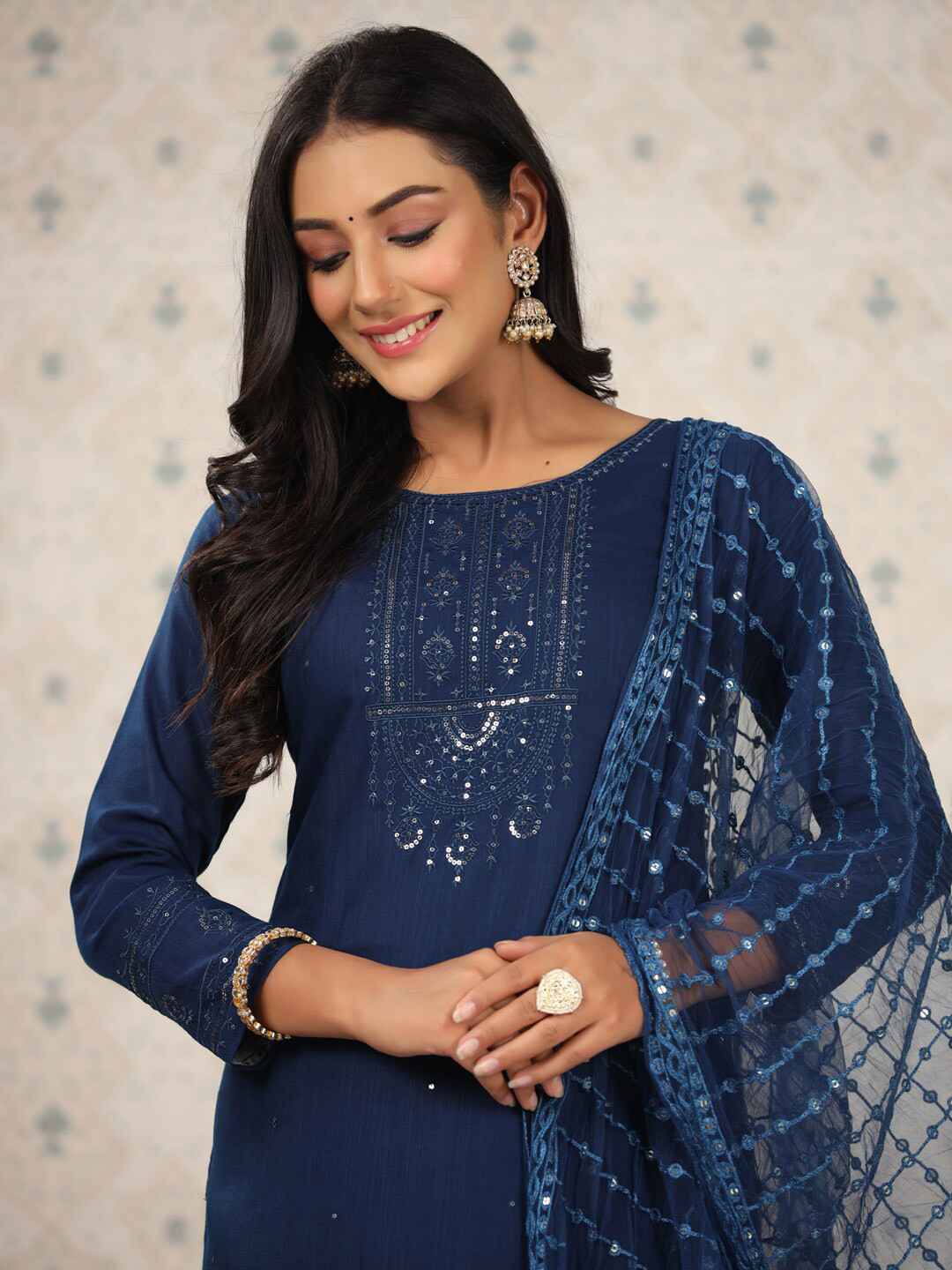 

Ode by House of Pataudi Blue Floral Embroidered Sequinned Kurta with Trousers & Dupatta