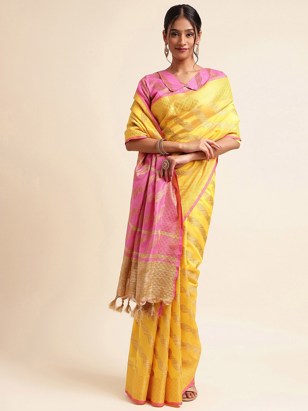 

Satrani Yellow & Pink Ethnic Motifs Woven Design Zari Silk Cotton Saree