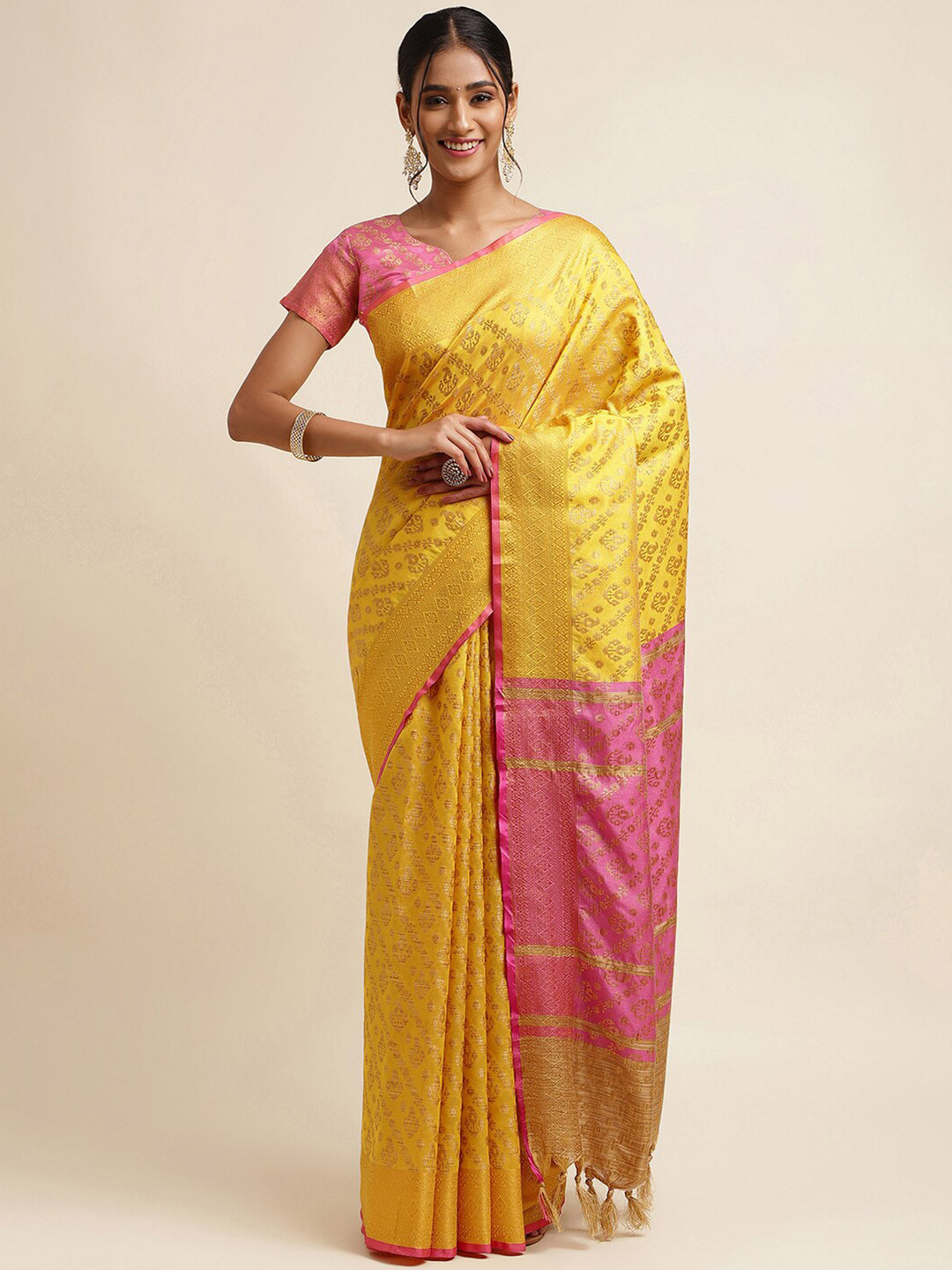 

Satrani Yellow & Pink Ethnic Motifs Woven Design Zari Silk Cotton Saree