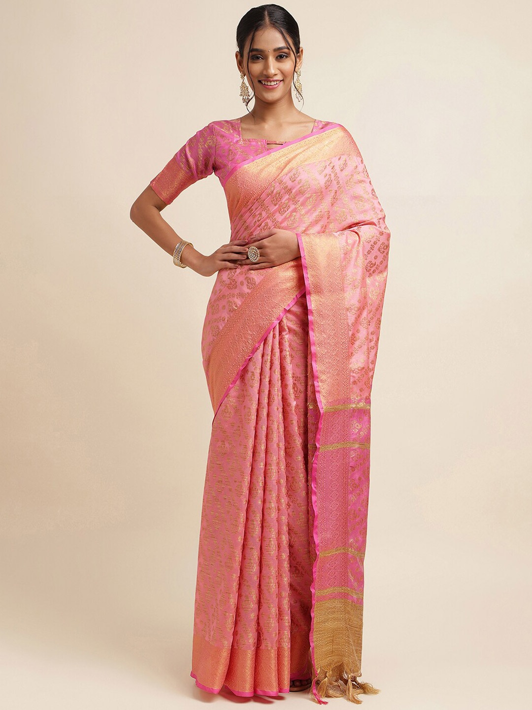 

Satrani Pink & Gold-Toned Ethnic Motifs Woven Design Zari Silk Cotton Saree