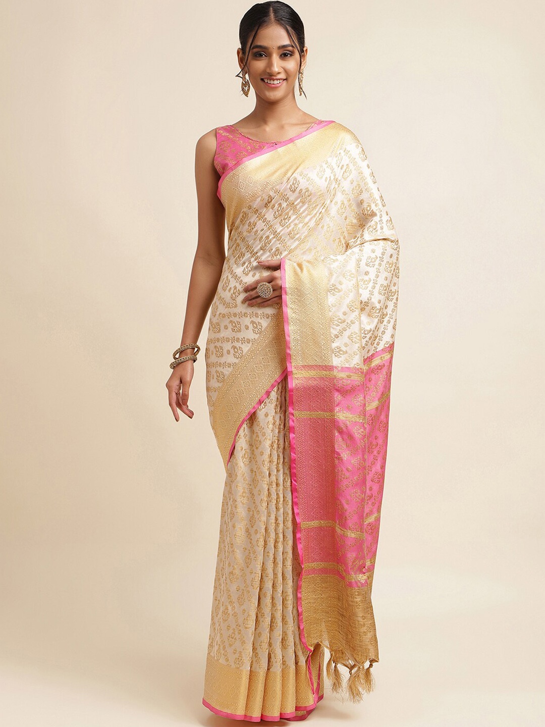 

Satrani Cream-Coloured & Pink Ethnic Motifs Woven Design Zari Silk Cotton Saree