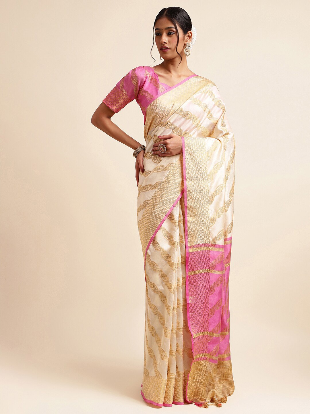 

Satrani Cream-Coloured & Pink Ethnic Motifs Woven Design Zari Silk Cotton Saree