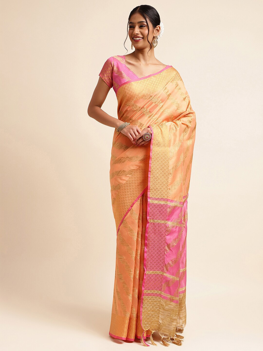 

Satrani Orange & Pink Ethnic Motifs Woven Design Zari Silk Cotton Saree