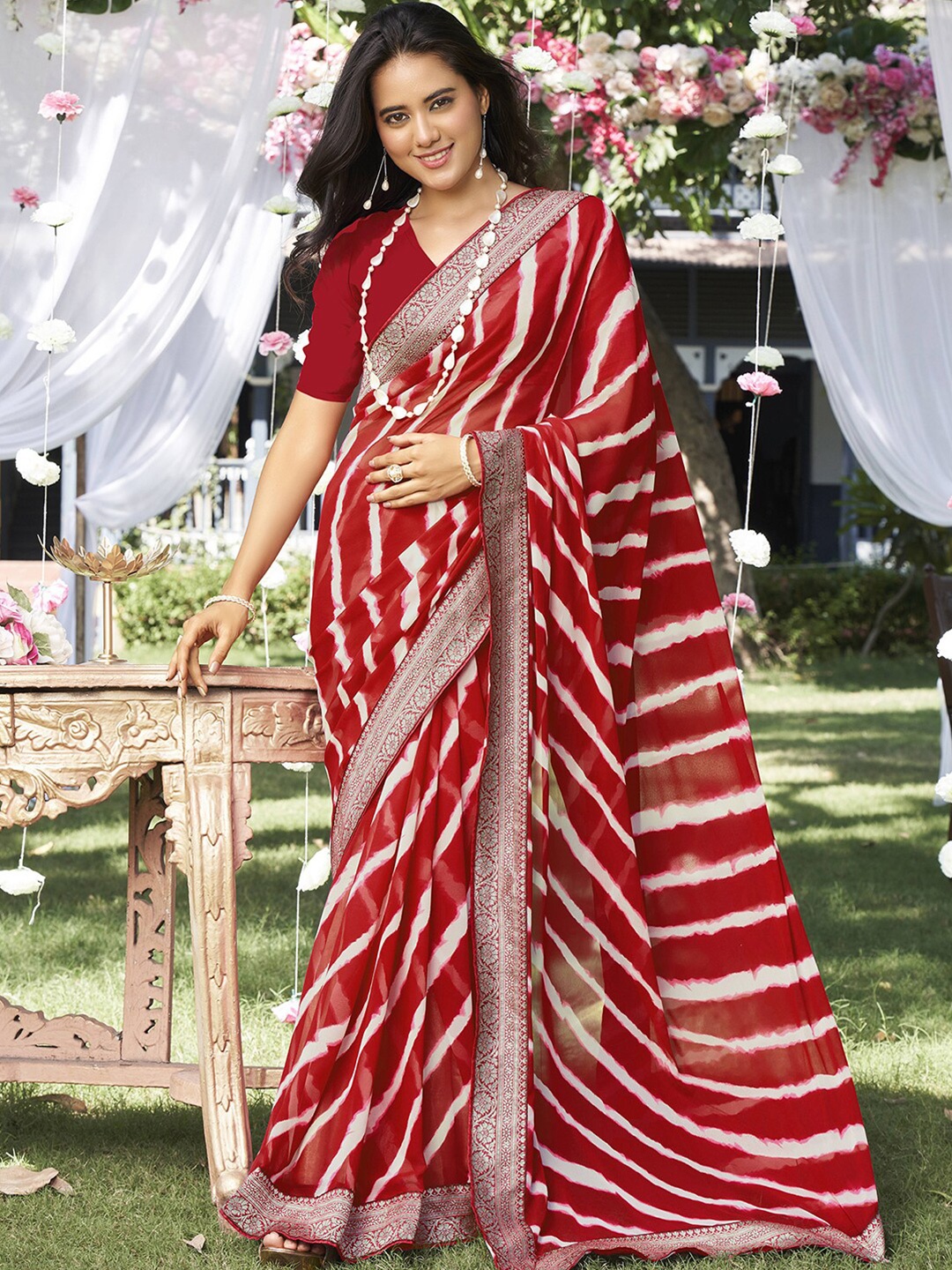 

Satrani Red & White Leheriya Striped Zari Poly Georgette Saree