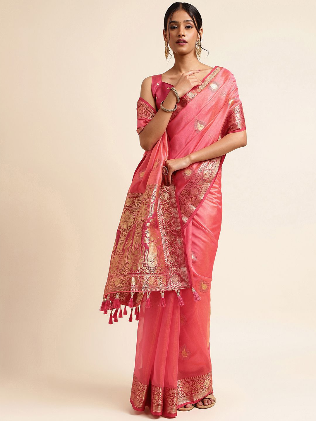 

Satrani Pink & Gold-Toned Woven Design Zari Tissue Banarasi Saree