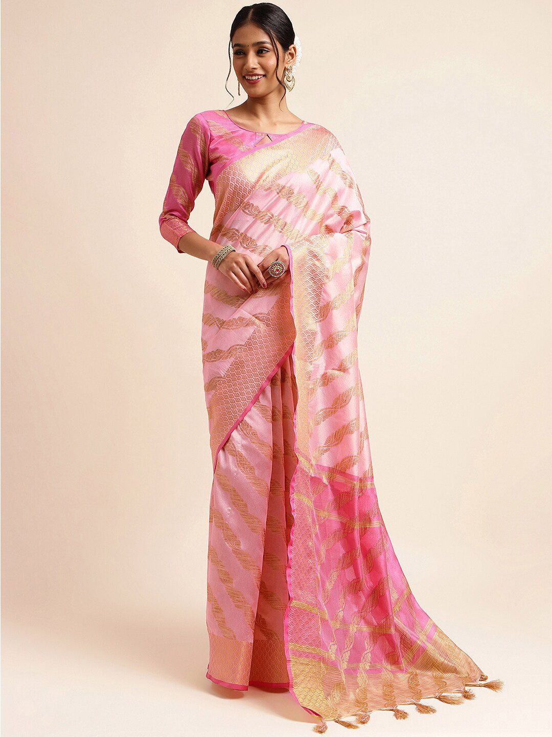 

Satrani Peach-Coloured & Gold-Toned Ethnic Motifs Woven Design Zari Silk Cotton Saree