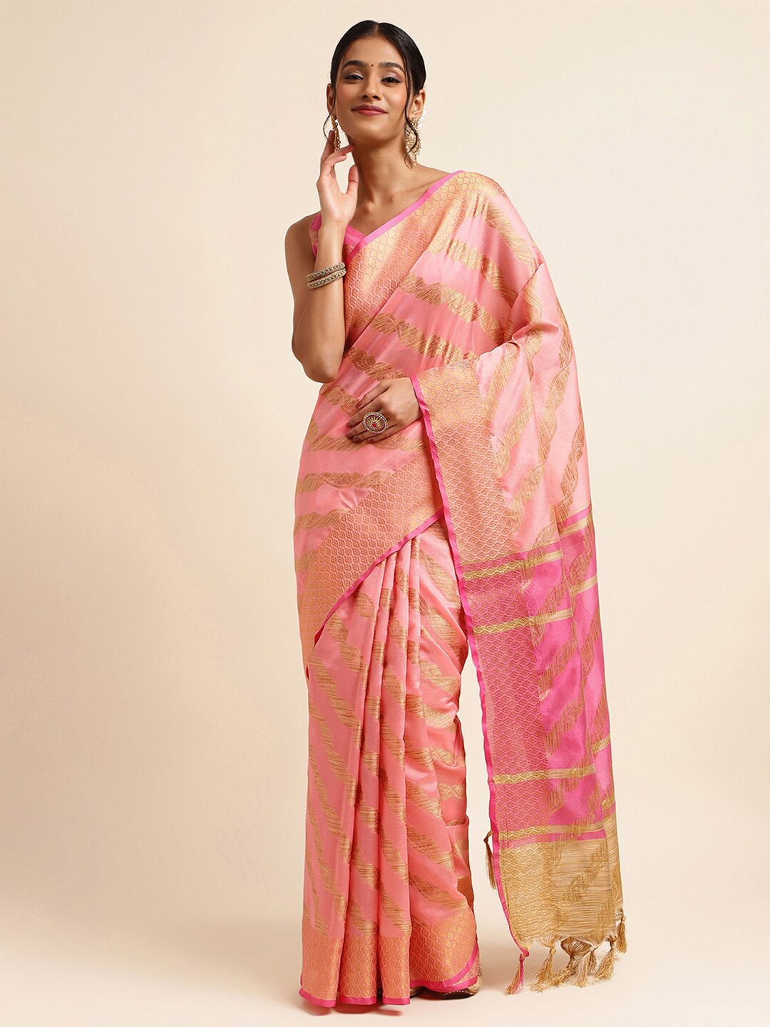 

Satrani Pink & Gold-Toned Ethnic Motifs Woven Design Zari Silk Cotton Saree