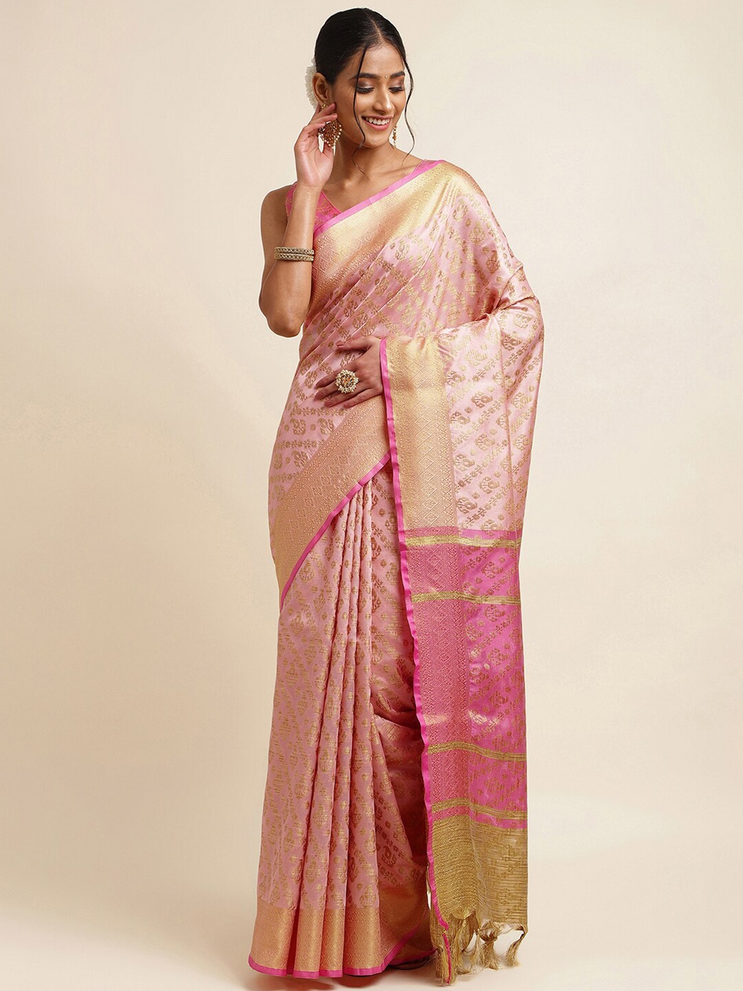 

Satrani Peach-Coloured & Gold-Toned Ethnic Woven Design Zari Silk Cotton Saree