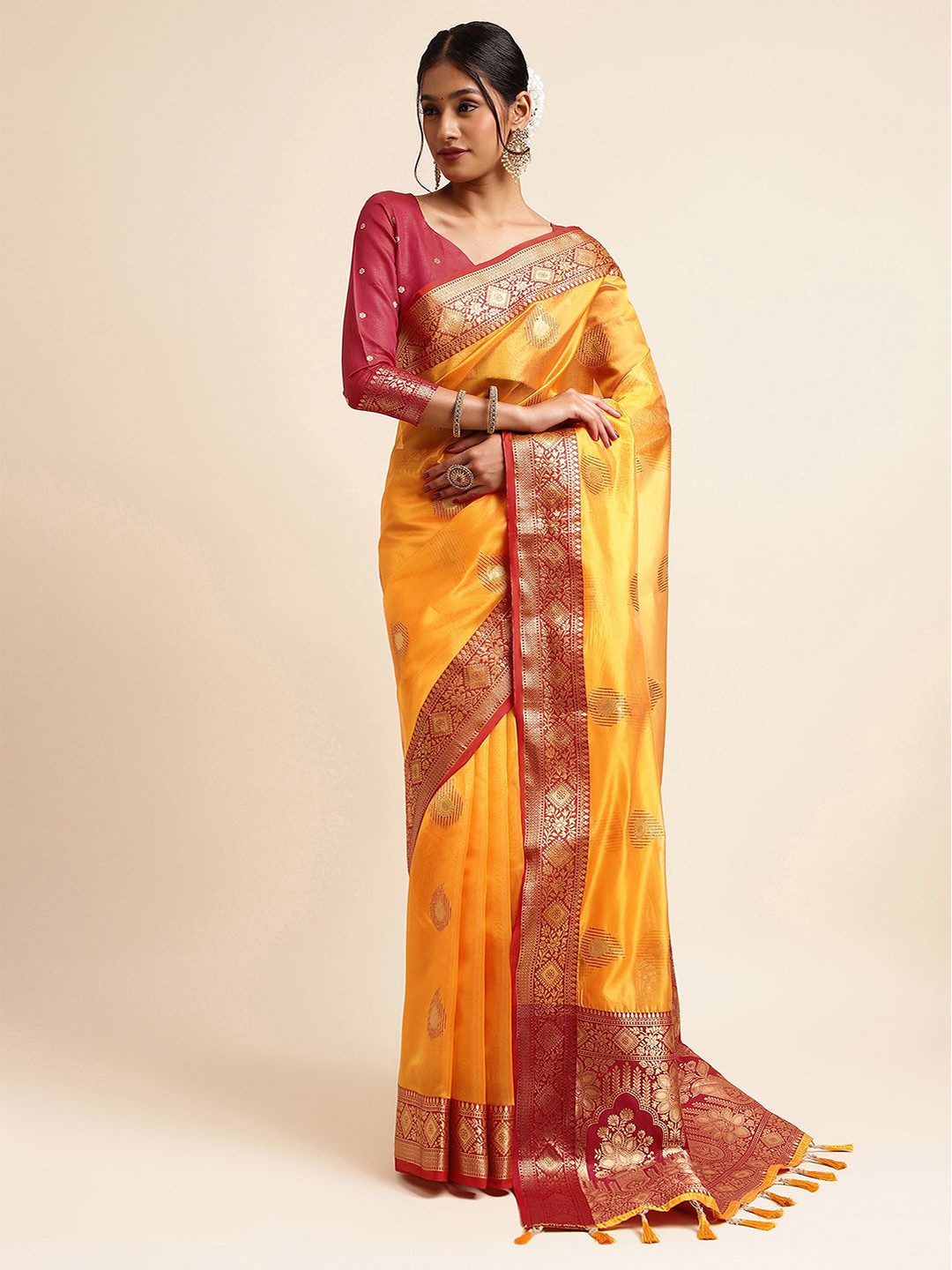 

Satrani Yellow & Red Paisley Woven Design Zari Tissue Banarasi Saree