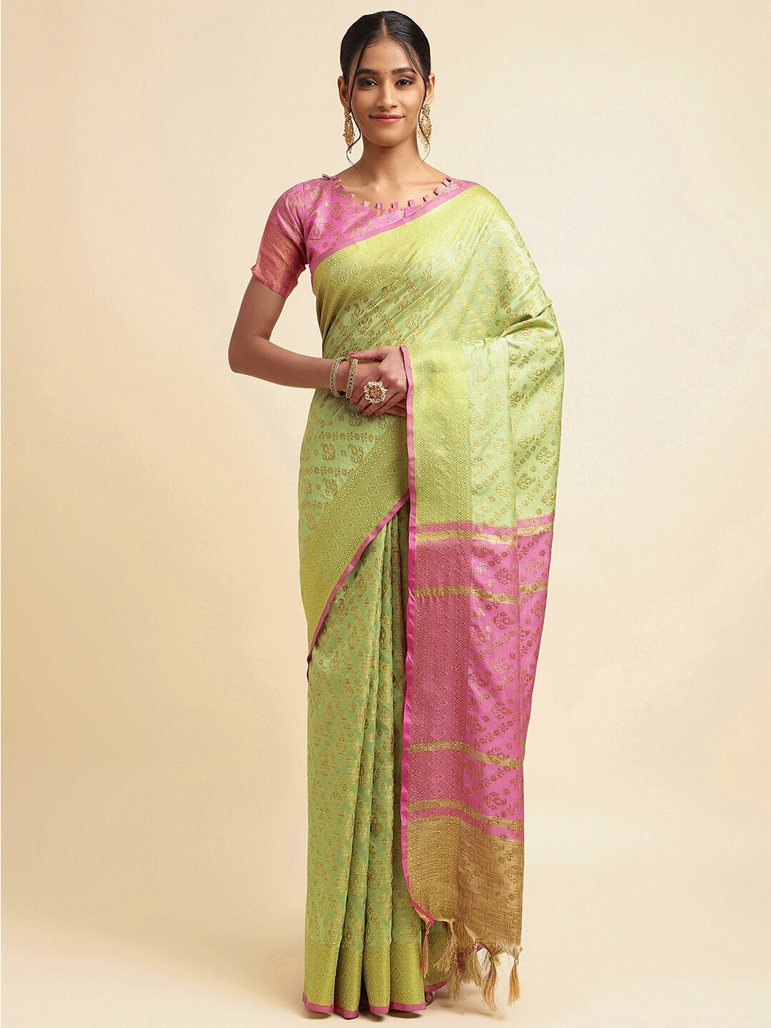 

Satrani Green & Pink Ethnic Woven Design Zari Silk Cotton Saree