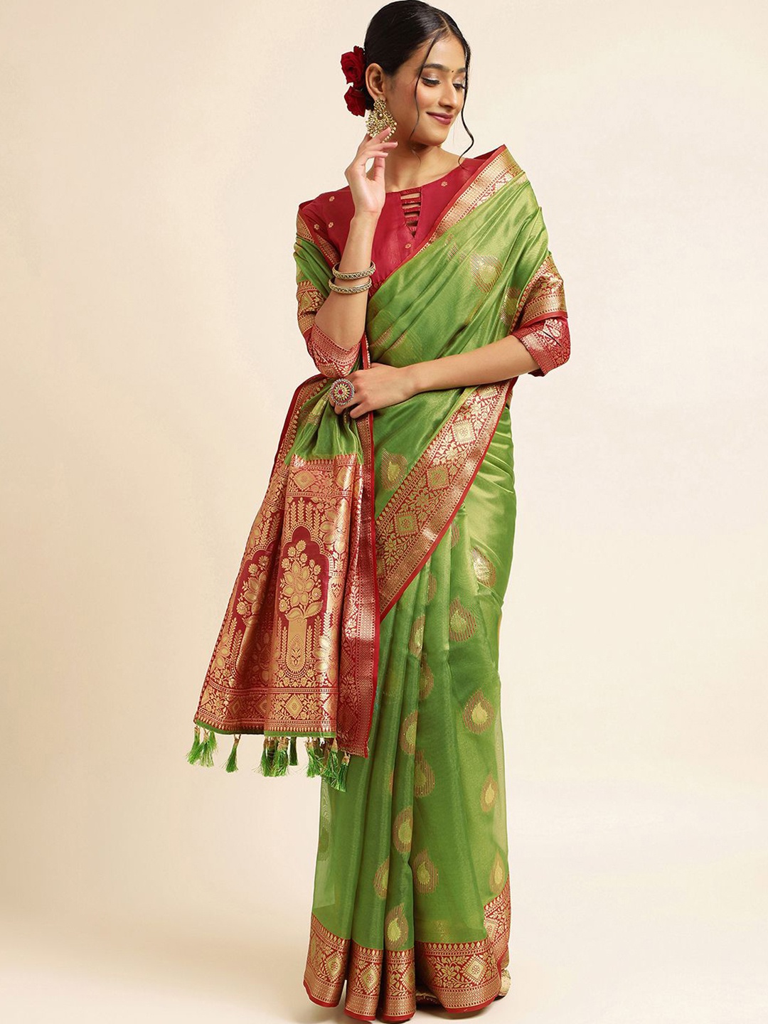 

Satrani Olive Green & Red Paisley Woven Design Zari Tissue Banarasi Saree