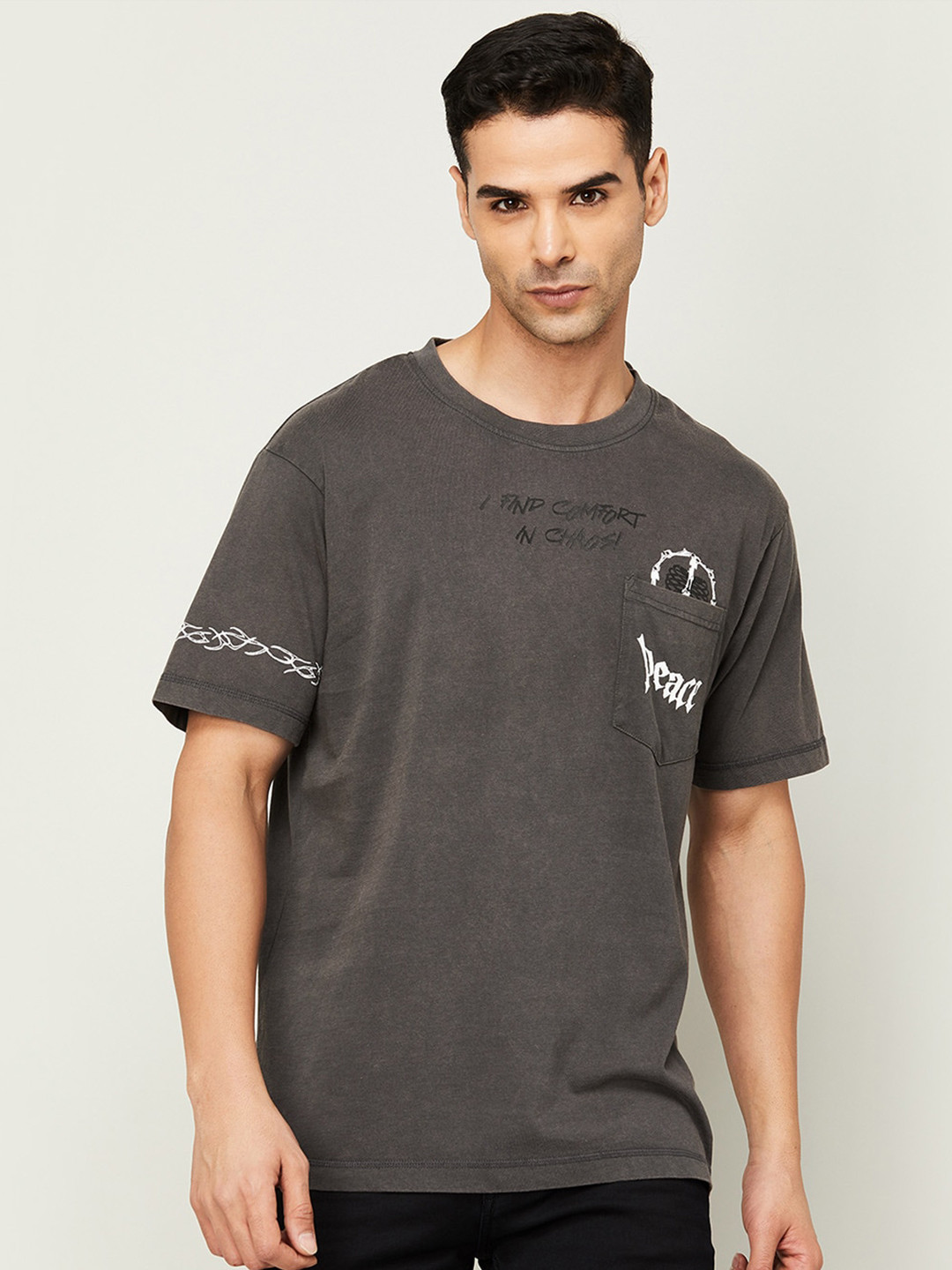 

Forca by Lifestyle Men Printed Extended Sleeves Pockets Regular Fit Cotton T-shirt, Grey