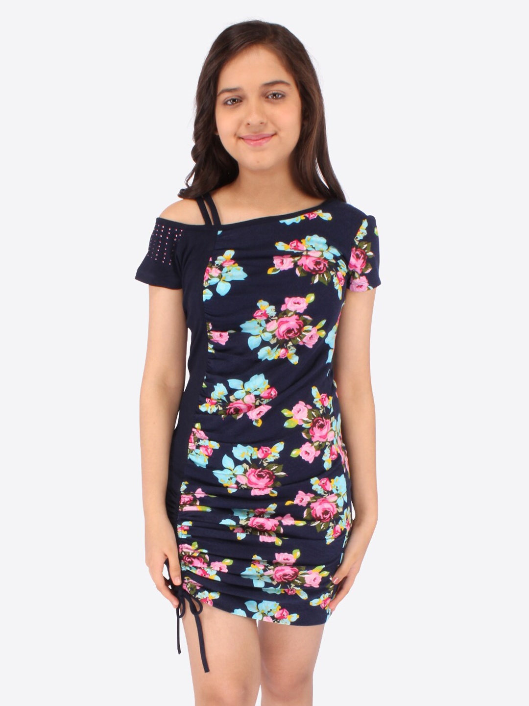 

CUTECUMBER Girls Floral Print Sheath Dress, Navy blue