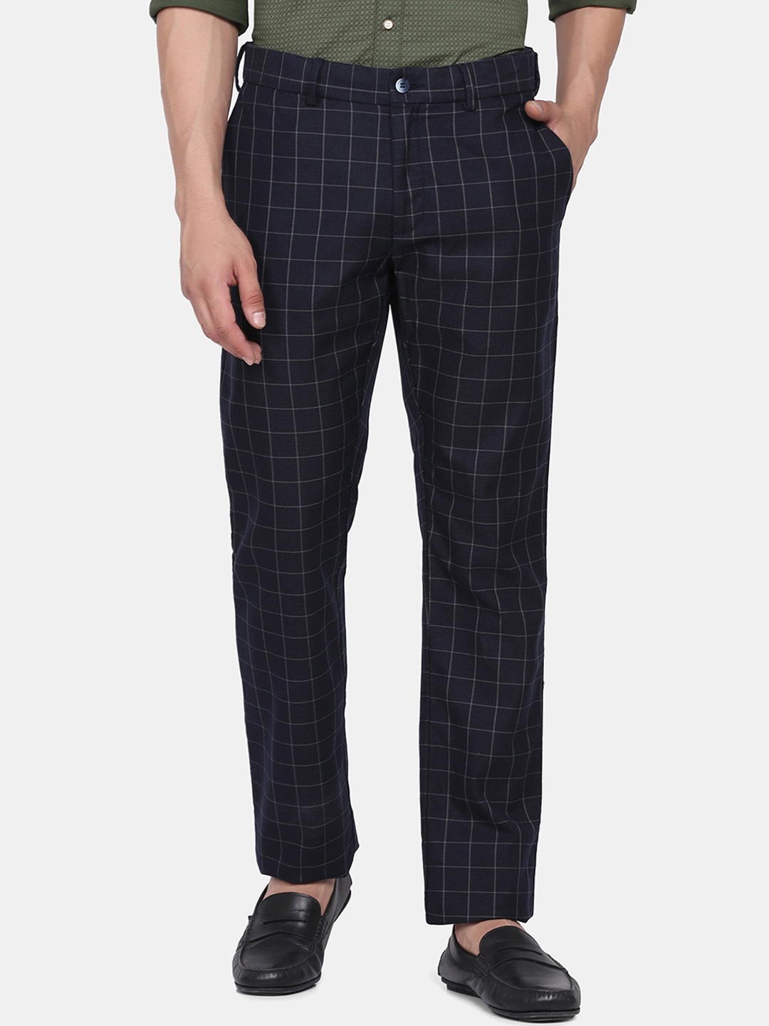 

Blackberrys Men Mid Rise Plain Checked Cotton Casual Slim Fit Trousers, Navy blue