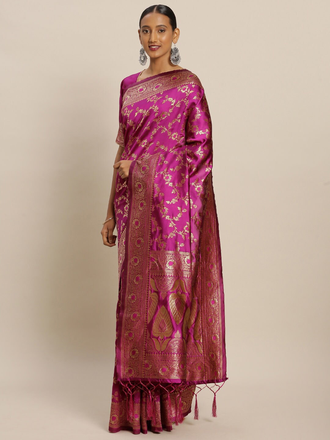 

Sangria Pink Ethnic Motifs Zari Silk Blend Fusion Banarasi Saree