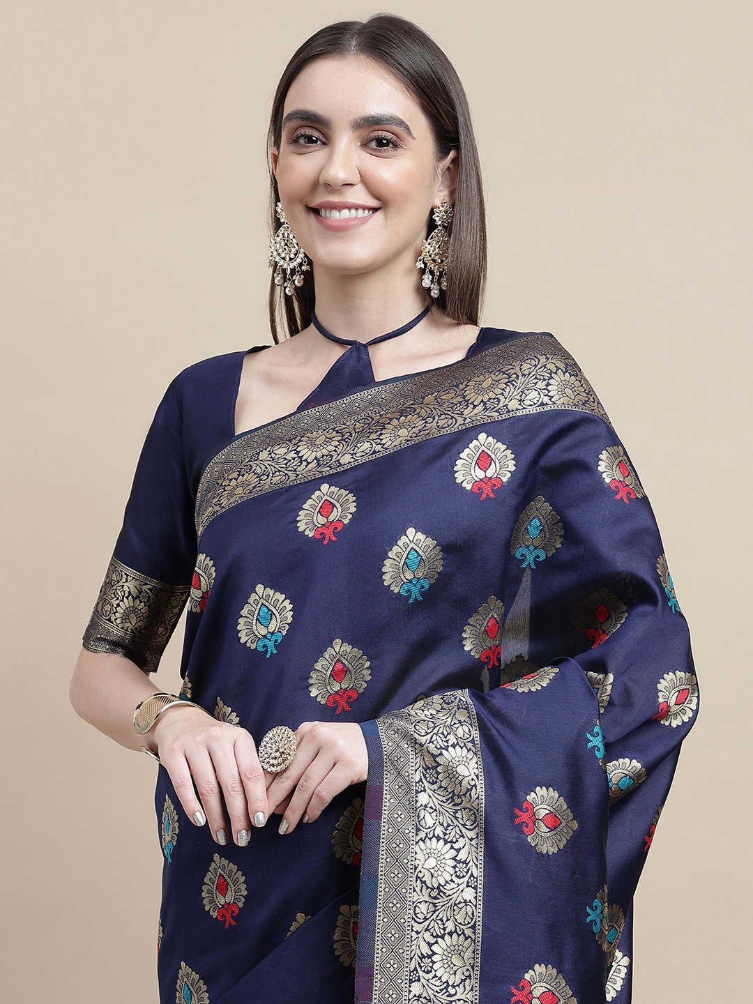 

Sangria Navy Blue Ethnic Motifs Woven Design Zari Kanjeevaram Saree