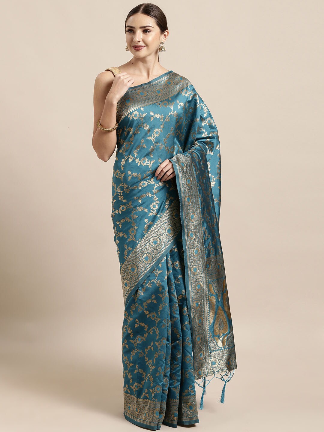 

Sangria Blue Ethnic Motifs Woven Design Zari Detail Banarasi Saree