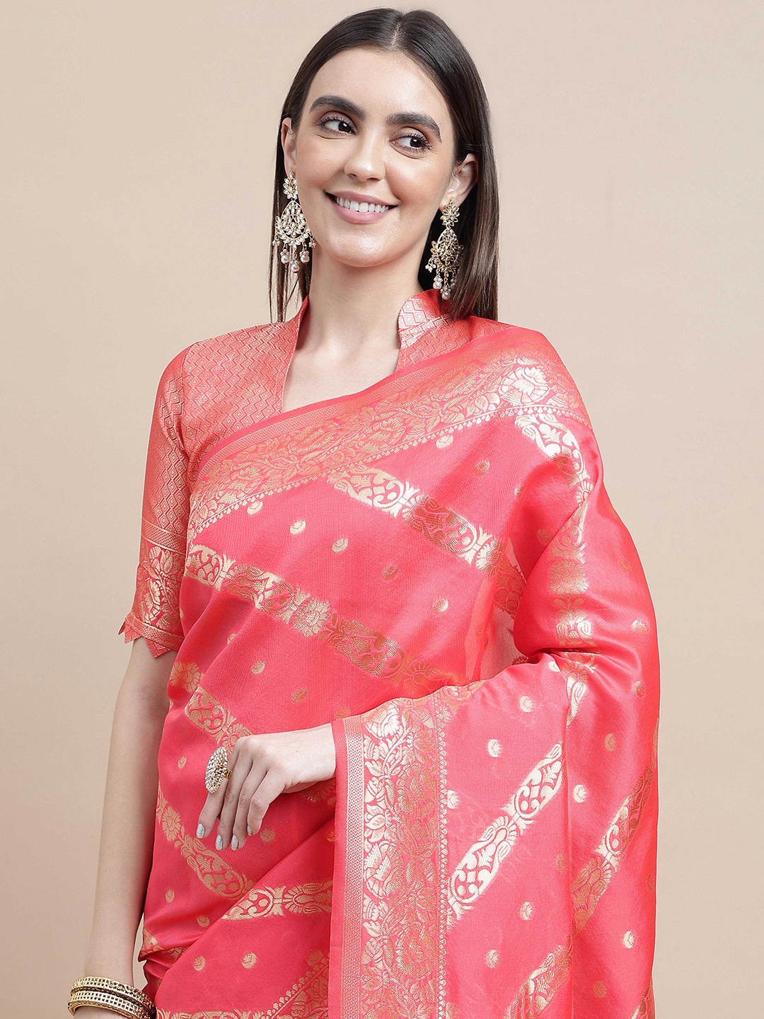 

Sangria Pink Ethnic Motifs Zari Banarasi Saree