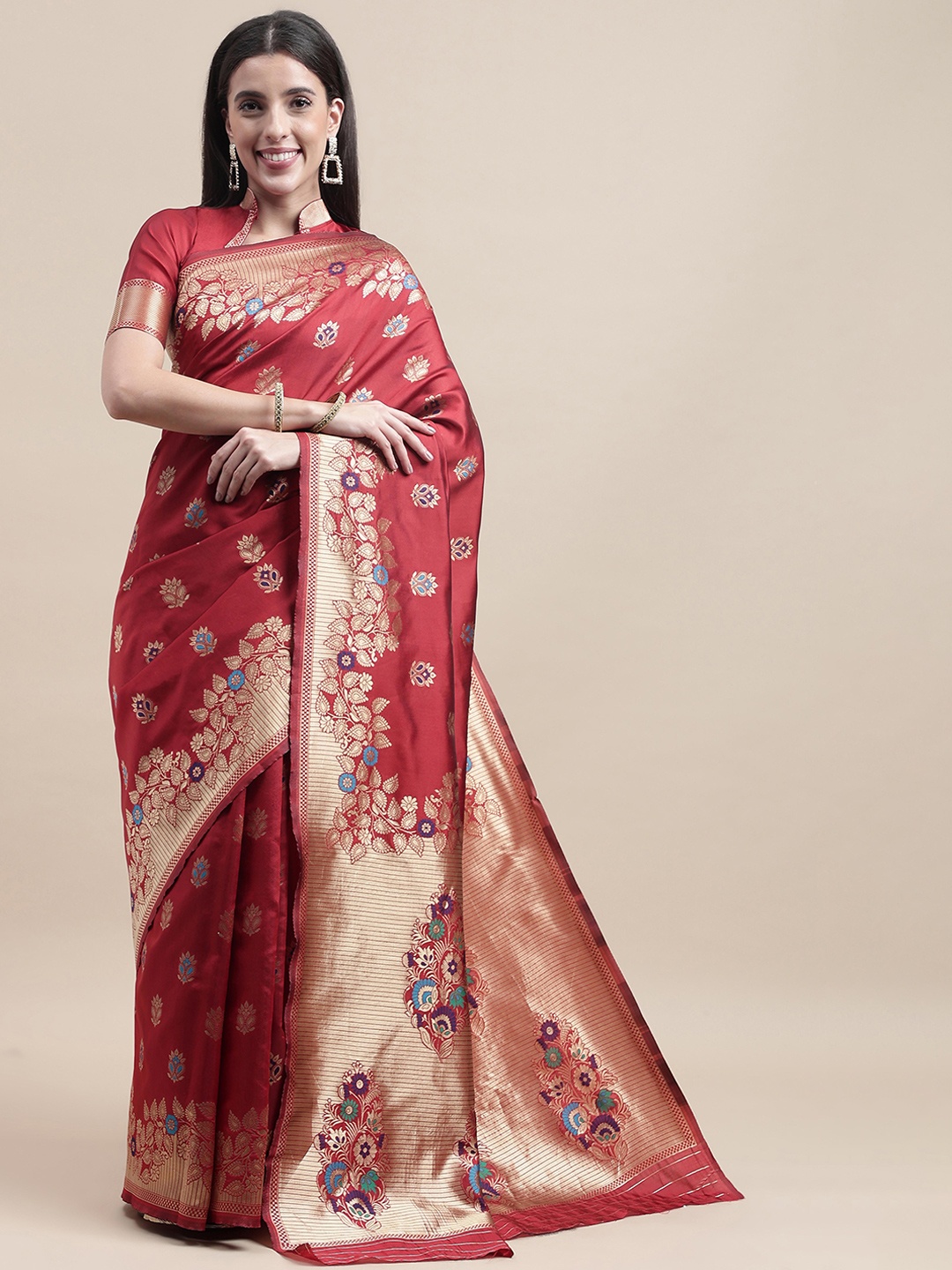 

Sangria Ethnic Motifs Woven-Designed Kanjivaram Silk Saree, Red