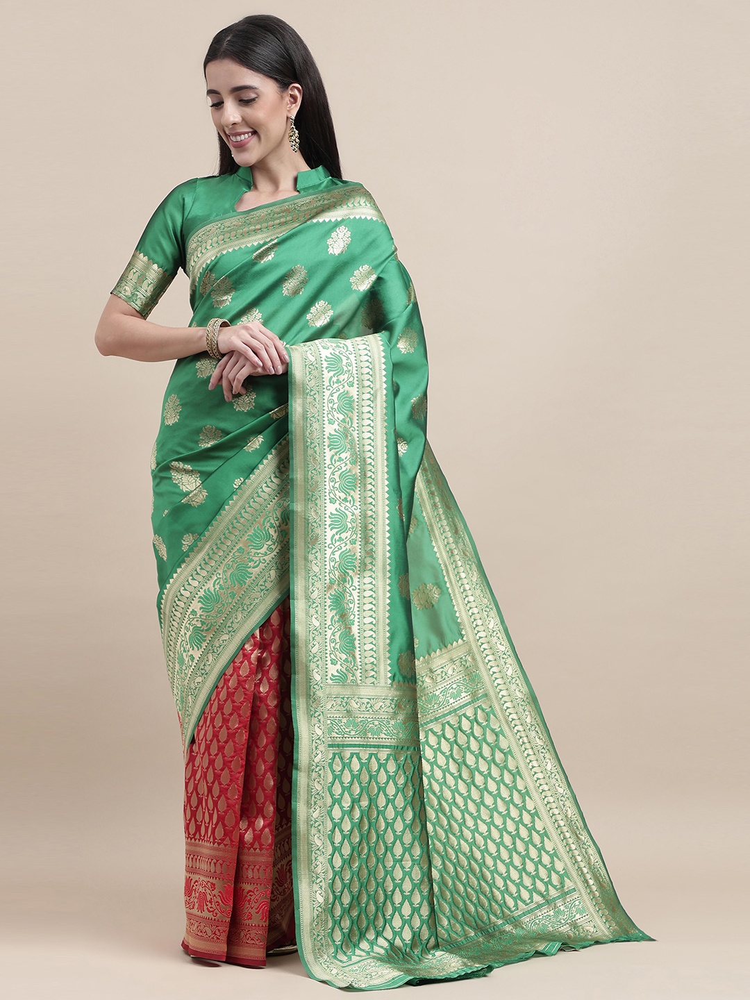 

Sangria Green Floral Woven Design Kanjeevaram Saree