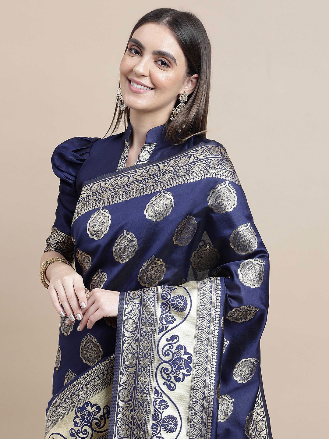 

Sangria Ethnic Motifs Zari Half and Half Kanjeevaram Saree, Blue
