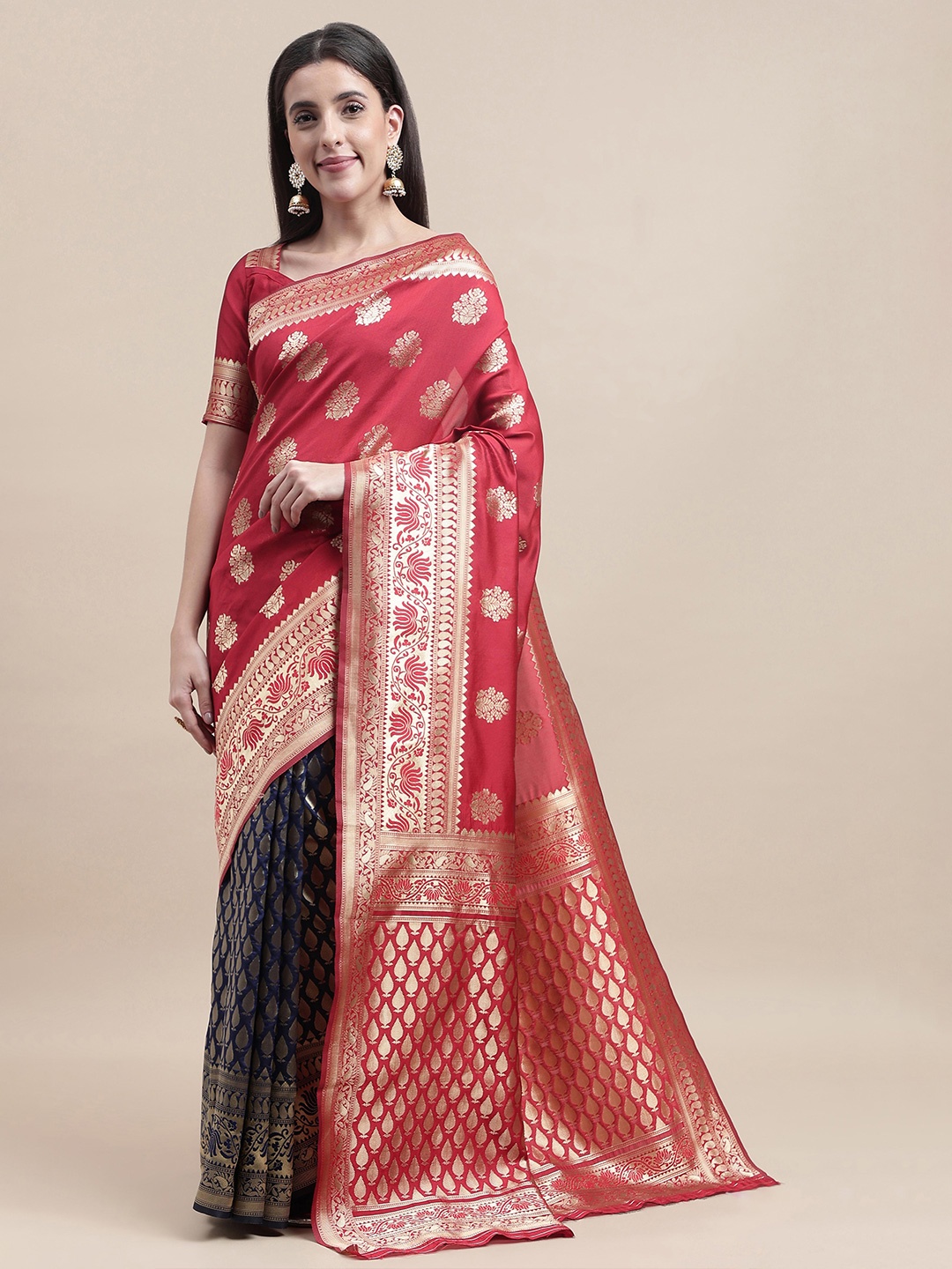 

Sangria Red Ethnic Motifs Zari Half and Half Kanjeevaram Saree