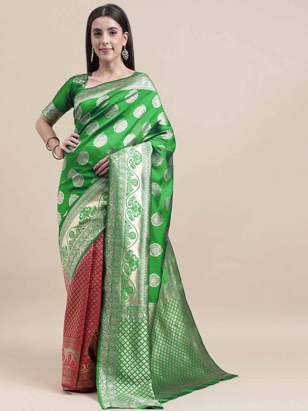 

Sangria Green Ethnic Motifs Woven Design Zari Detail Kanjeevaram Saree