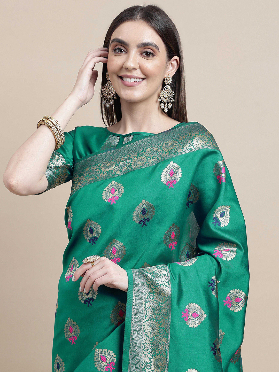 

Sangria Ethnic Motifs Zari Kanjeevaram Saree, Green