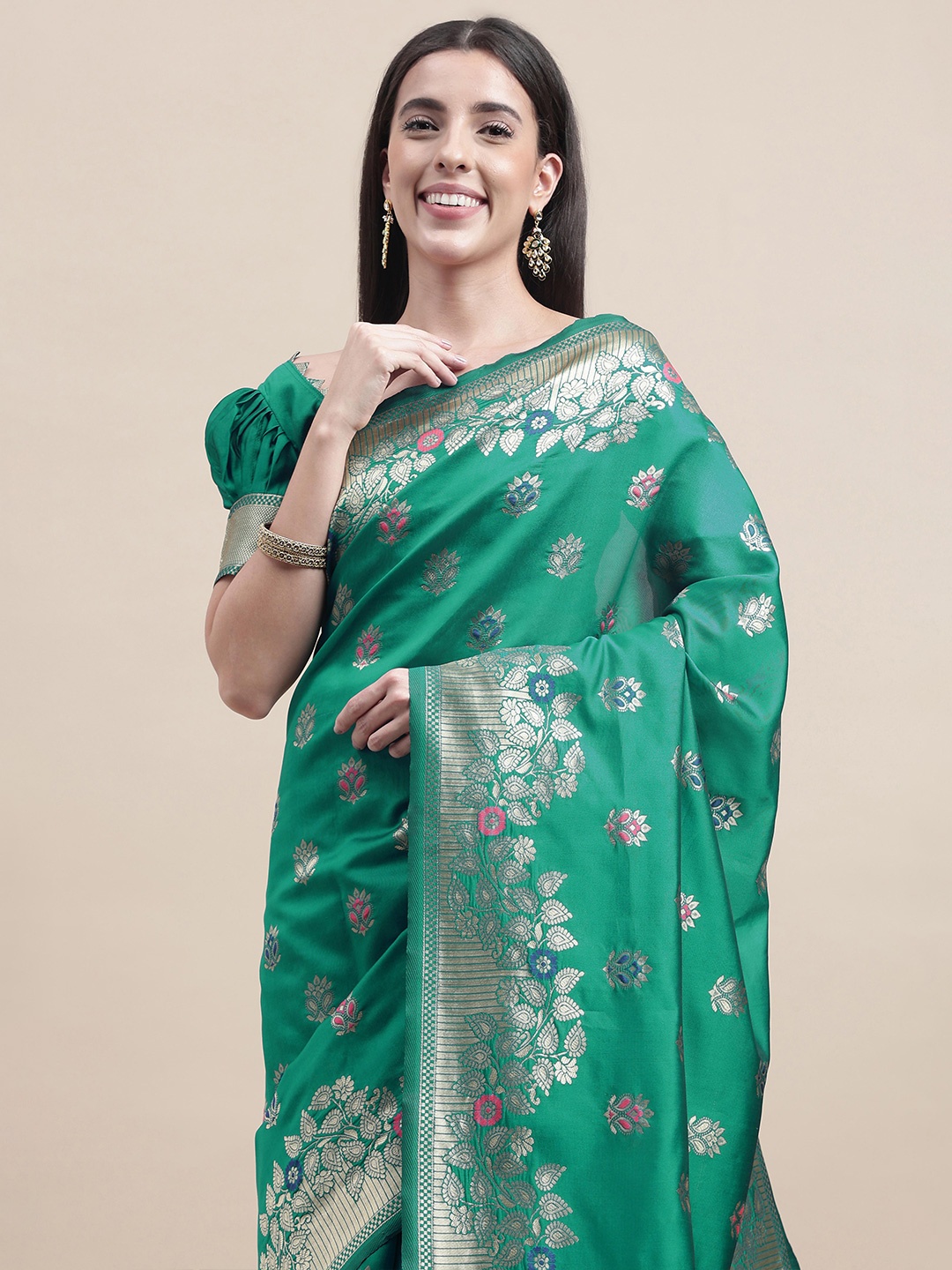 

Sangria Green Ethnic Motifs Woven Design Zari Kanjeevaram Saree