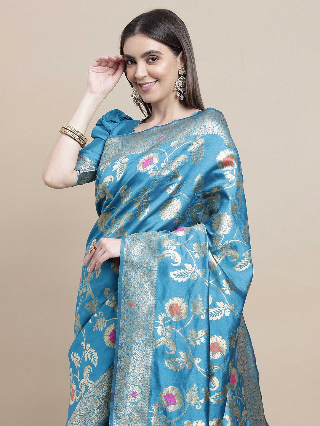 

Sangria Blue Floral Woven Design Zari Kanjeevaram Saree