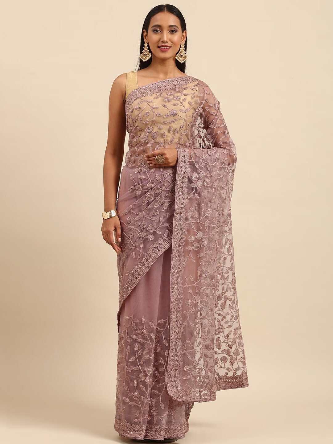 

Sangria Floral Embroidered Stones Studded Heavy Work Net Saree, Mauve