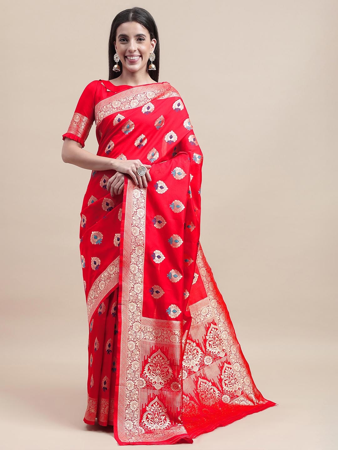 

Sangria Woven-Design Silk Saree With Blouse Piece, Red