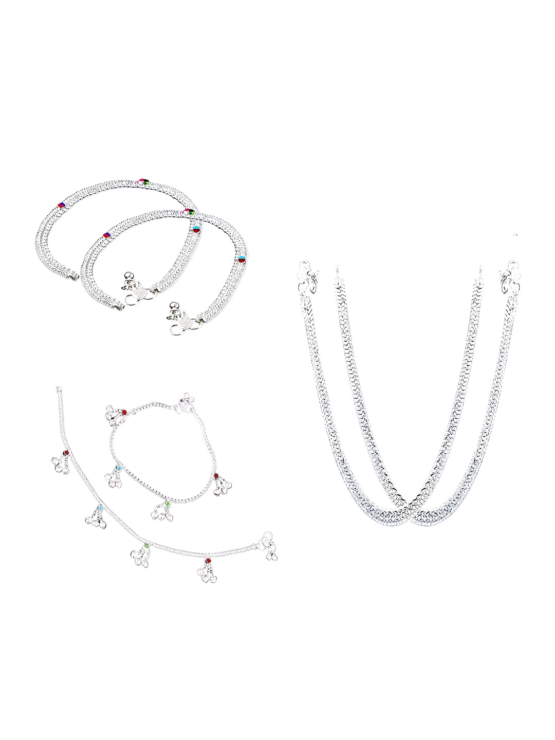 

RUHI COLLECTION Set Of 3 Silver-Plated Stone-Studded Anklets