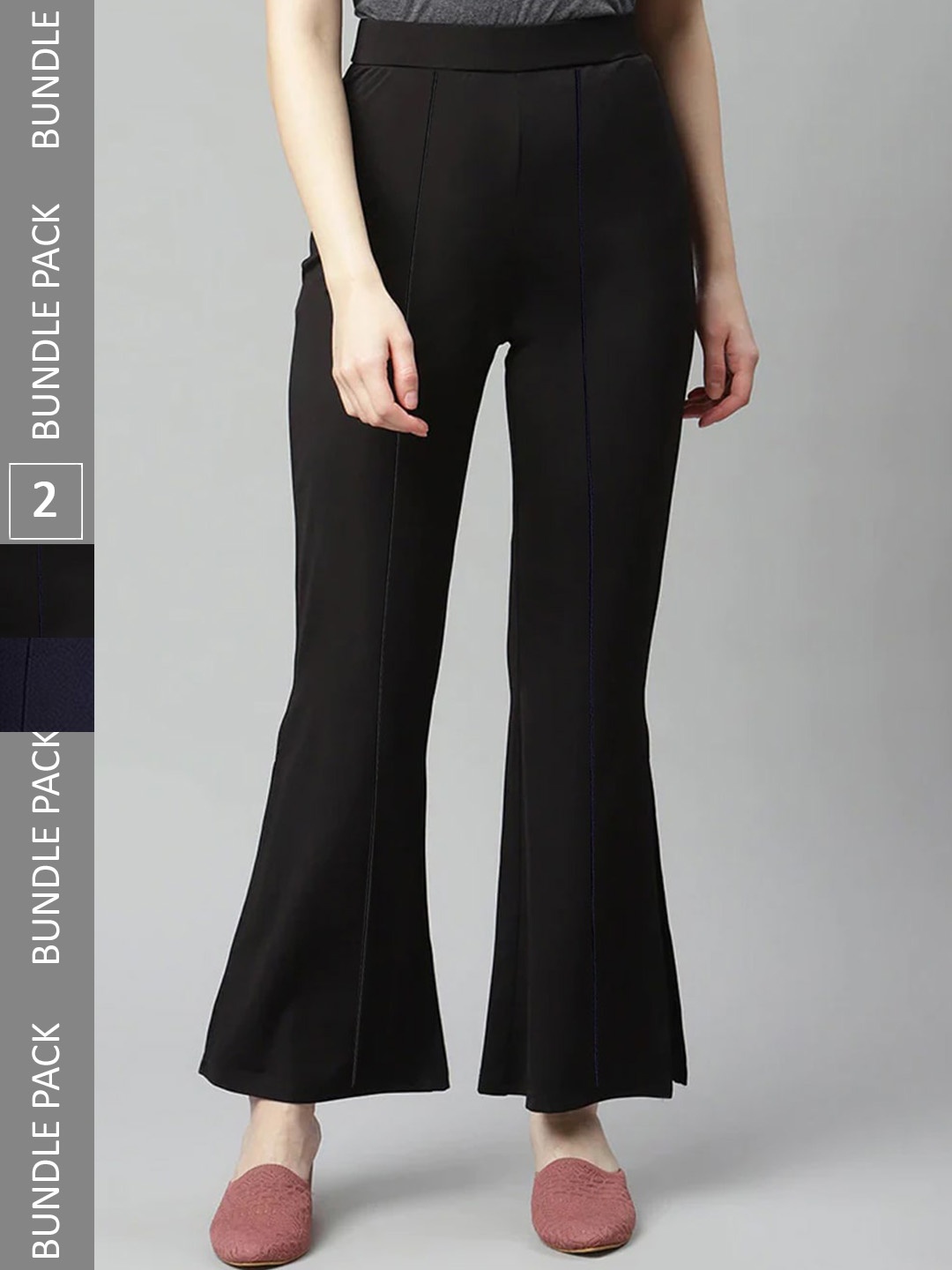 

CLAFOUTIS Women Pack Of 2 Flared High-Rise Bootcut Trousers, Black