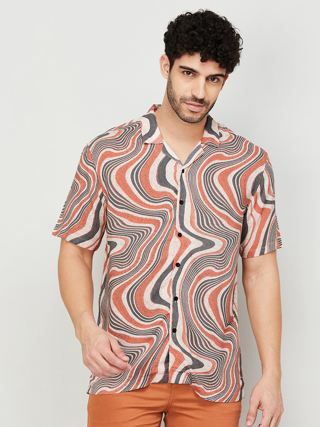

Forca by Lifestyle Abstract Printed Cuban Collar Cotton Casual Shirt, Peach
