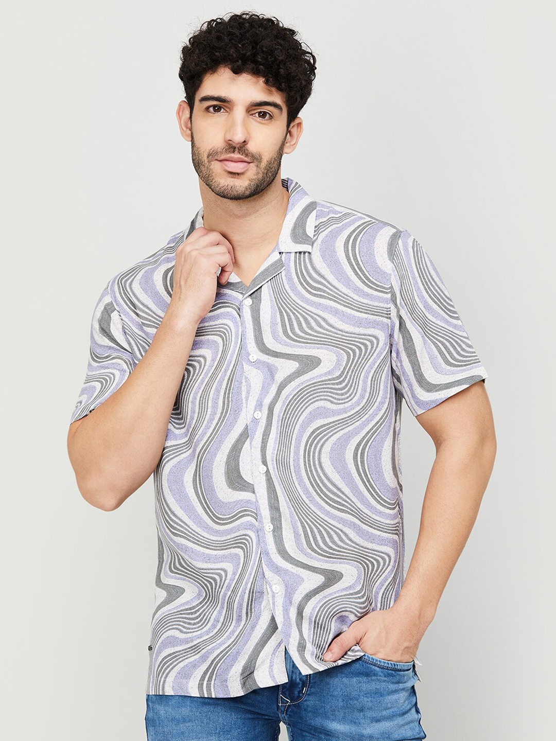 

Forca by Lifestyle Abstract Printed Cuban Collar Cotton Casual Shirt, Purple