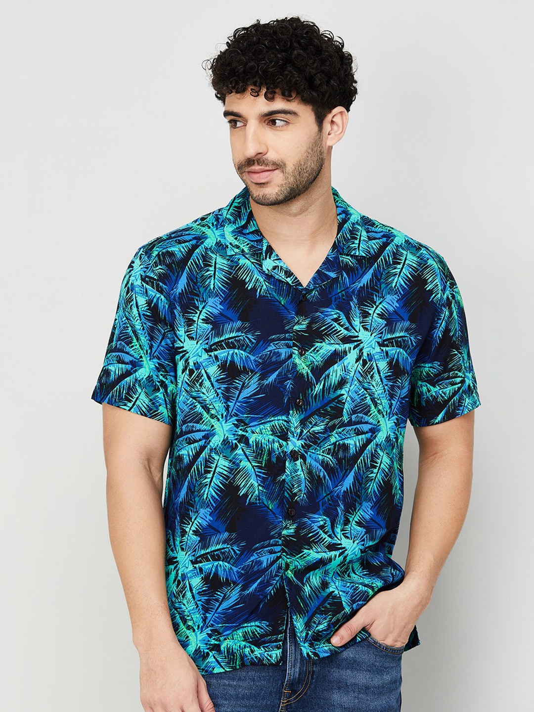 Forca by Lifestyle Tropical Printed Cuban Collar Cotton Casual Shirt, Blue