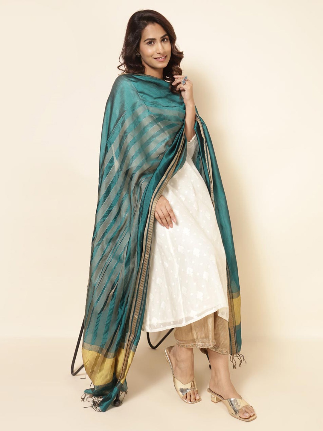 

Fabindia Striped Zari Dupatta, Teal