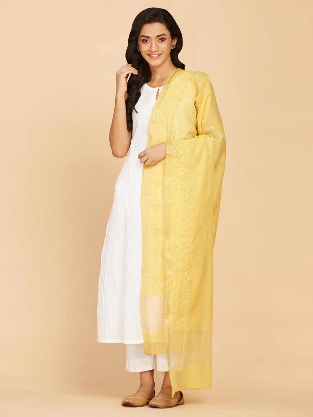 

Fabindia Chikankari Embroidered Cotton Silk Dupatta, Yellow