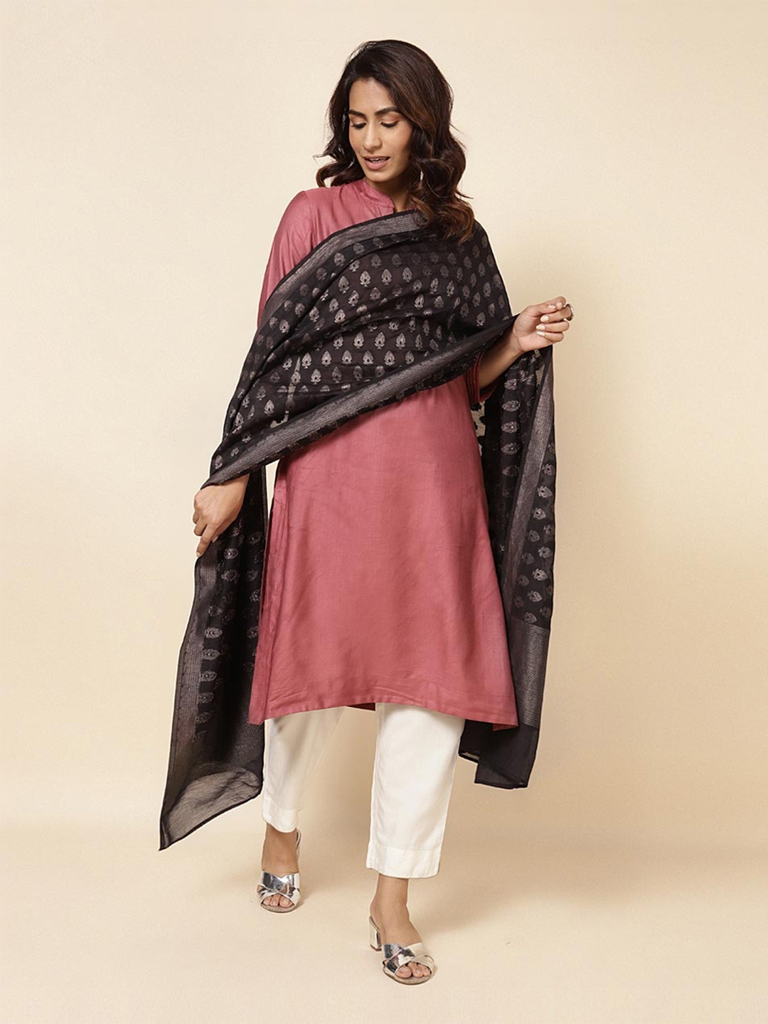 

Fabindia Ethnic Motifs Woven Design Cotton Silk Dupatta, Black
