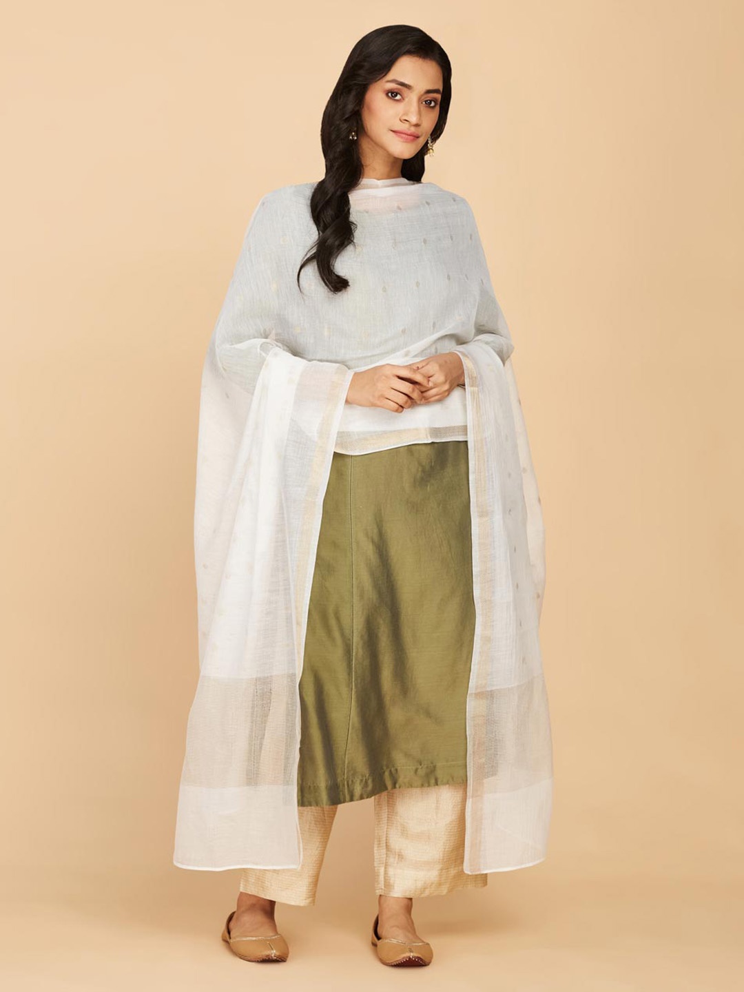 

Fabindia Ethnic Motif Woven Design Zari Cotton Silk Dupatta, White