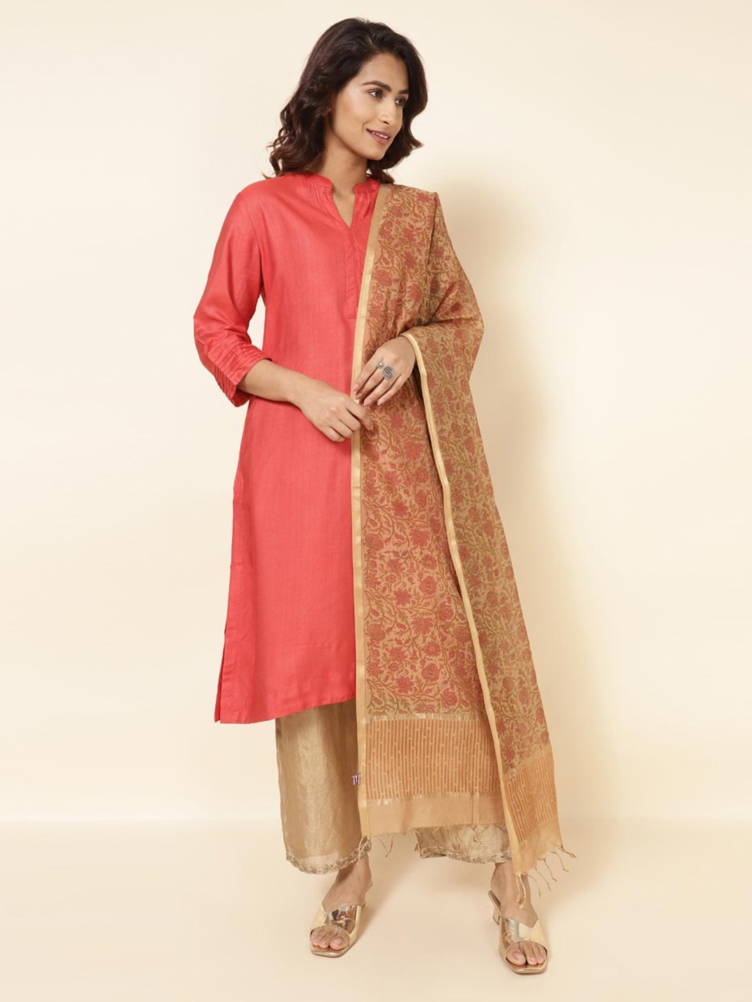 

Fabindia Floral Printed Cotton Silk Dupatta With Zari, Mustard
