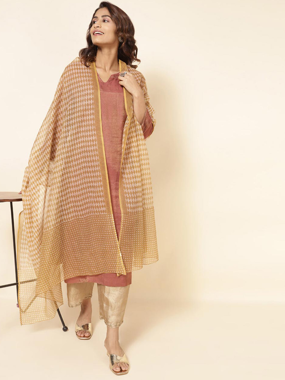 

Fabindia Geometric Printed Cotton Silk Dupatta, Beige
