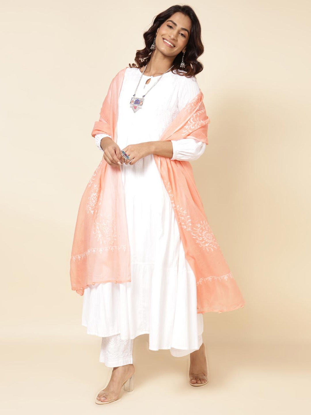

Fabindia Floral Printed Cotton Silk Chikankari Dupatta, Coral
