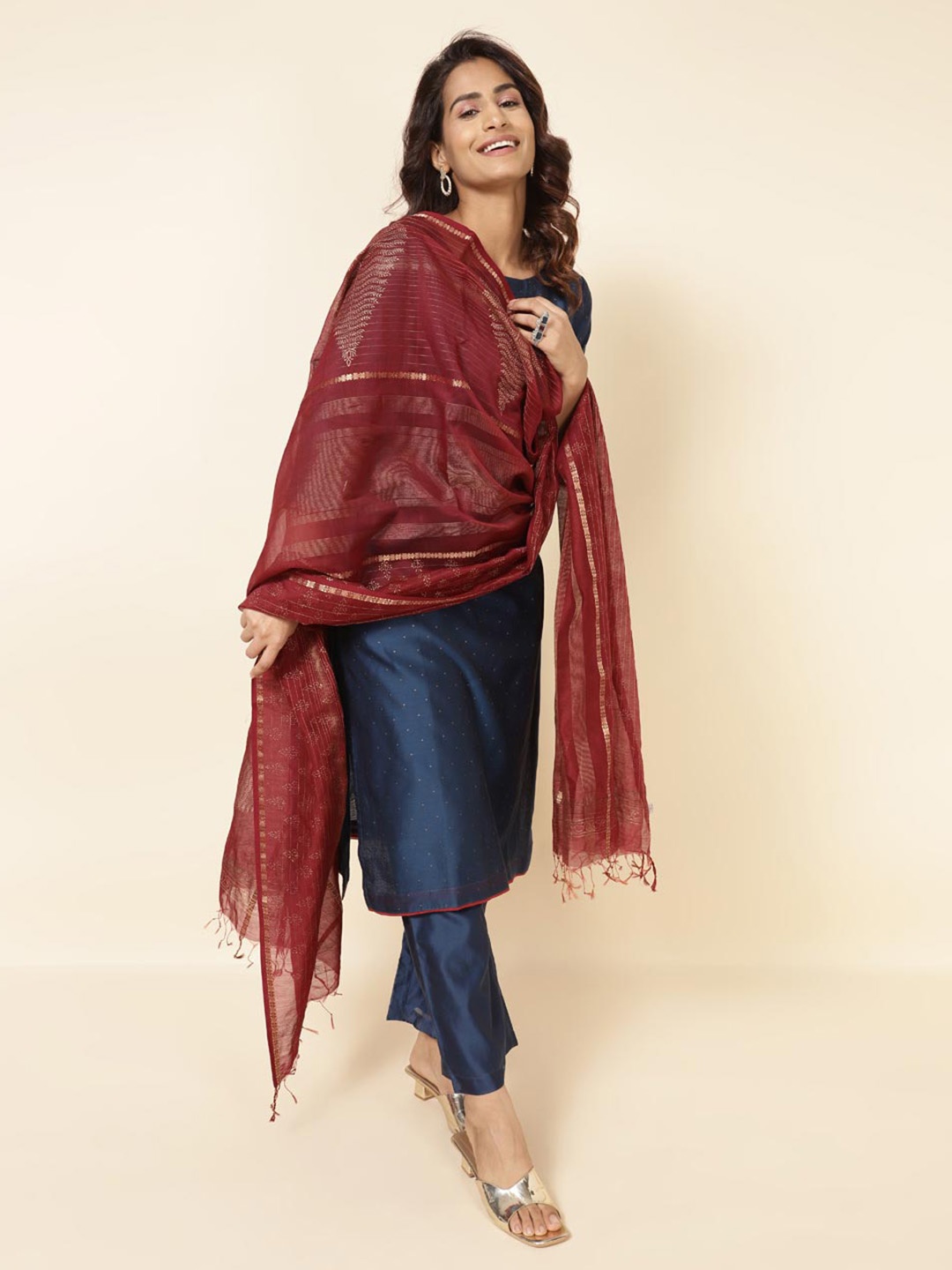 

Fabindia Ethnic Motifs Printed Zari Cotton Silk Dupatta, Maroon